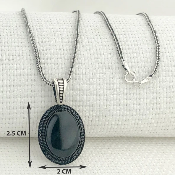 925 Ayar Gümüş Siyah Oniks Taşlı Gümüş Kolye - Resim 3