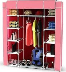 Çift Yandan Raflı Askılı Metal Profilli Kumaş Bez Dolap, Geniş Portatif Gardırop - Pembe