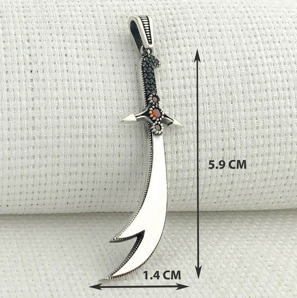 925 Ayar Kırmızı Taşlı Zülfikar Gümüş Kolye Ucu - Resim 3