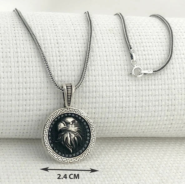 925 Ayar Siyah Taşlı Kartal Gümüş Kolye - Resim 3