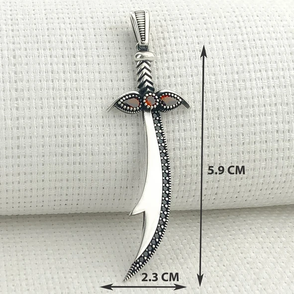 925 Ayar Gümüş Kırmızı Taşlı Zülfikar Kolye Ucu - Resim 3