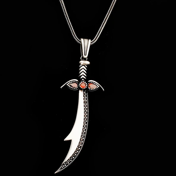 925 Ayar Gümüş Kırmızı Taşlı Zülfikar Kolye - Resim 2