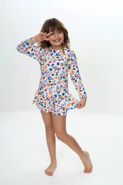 Kız Çocuk Şort Etekli Uzun Kollu Mayo Takımı 3-10 Yaş 12226 - Resim 11