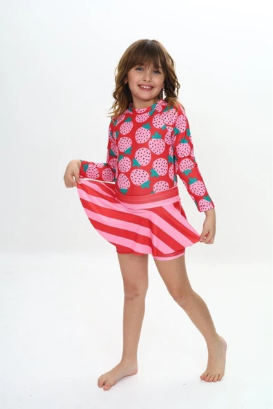 Kız Çocuk Şort Etekli Uzun Kollu Mayo Takımı 3-10 Yaş 12226 - Resim 8