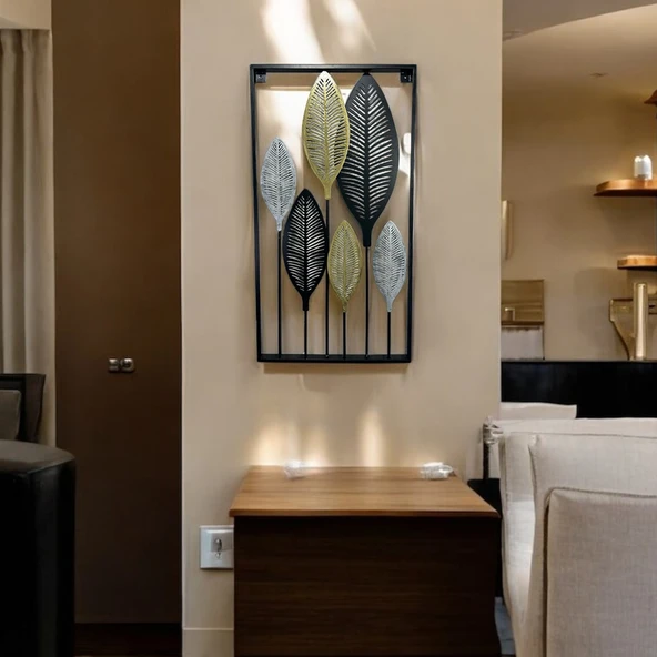 Dekoratif Metal Yaprak Temalı Tablo Gold Gümüş Siyah Renk