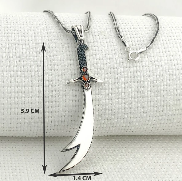 925 Ayar Gümüş Kırmızı Taşlı Zülfikar Kolye - Resim 3