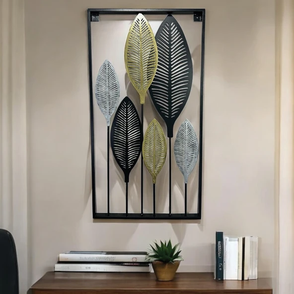 Dekoratif Metal Yaprak Temalı Tablo Gold Gümüş Siyah Renk - 6