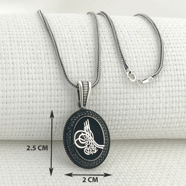 925 Ayar Gümüş Siyah Taşlı Osmanlı Tuğralı Kolye - Resim 3