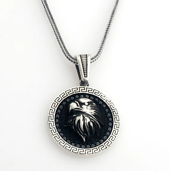 925 Ayar Siyah Taşlı Kartal Gümüş Kolye - Resim 2