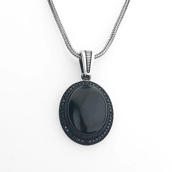 925 Ayar Gümüş Siyah Oniks Taşlı Gümüş Kolye - Resim 2