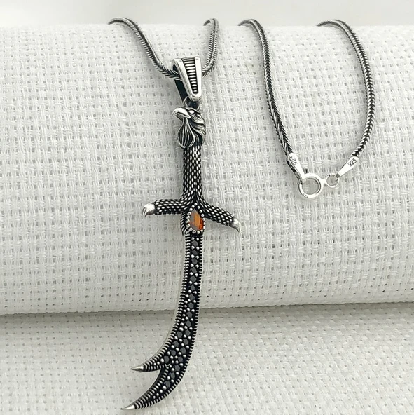 925 Ayar Gümüş Kırmızı Taşlı Kartal Başlı Zülfikar Kolye ürün görseli