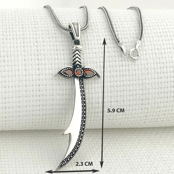 925 Ayar Gümüş Kırmızı Taşlı Zülfikar Kolye - Resim 3