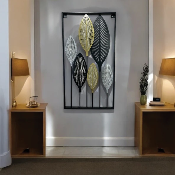 Dekoratif Metal Yaprak Temalı Tablo Gold Gümüş Siyah Renk - 3