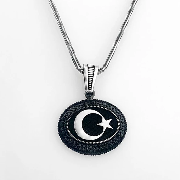 925 Ayar Gümüş Siyah Taşlı Ayyıldız Kolye - Resim 2