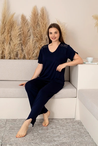 “Bambu Kumaş Büyük Beden Kadın Dantelli Kısa Kollu Pijama Takımı – Yumuşak, Nefes Alabilir, Şık ve Rahat, M-5XL” - 8