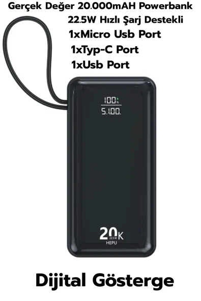 20.000mAh 22.5W Siyah LCD 1xMicro 1xTyp-C 1xUsb Port Taşınabilir Şarj Cihazı Powerbank Hp-252