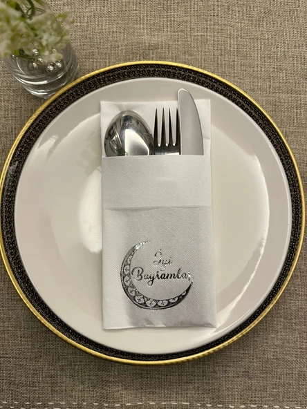 Gümüş Yaldızlı Beyaz Ay Desenli İyi Bayramlar Cepli Peçete 12 lı ürün görseli 1