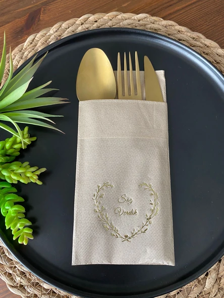 Gold Yaldızlı Kraft Söz Verdik Kalp Çelenk Cepli Peçete 12 lı 40x40