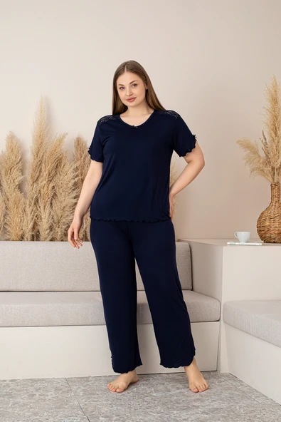 “Bambu Kumaş Büyük Beden Kadın Dantelli Kısa Kollu Pijama Takımı – Yumuşak, Nefes Alabilir, Şık ve Rahat, M-5XL” - 12