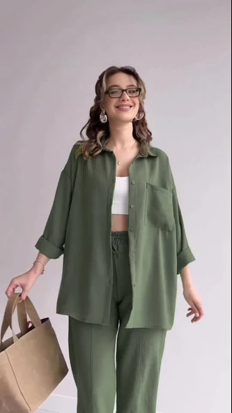 İkili Takım Elbise Pantolon Gömlek Keten Günlük - Resim 3