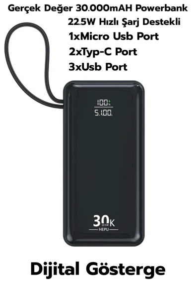 30.000mAh 22.5W Siyah LCD 1xMicro 2xTyp-C 3xUsb Port Taşınabilir Şarj Cihazı Powerbank Hp-253