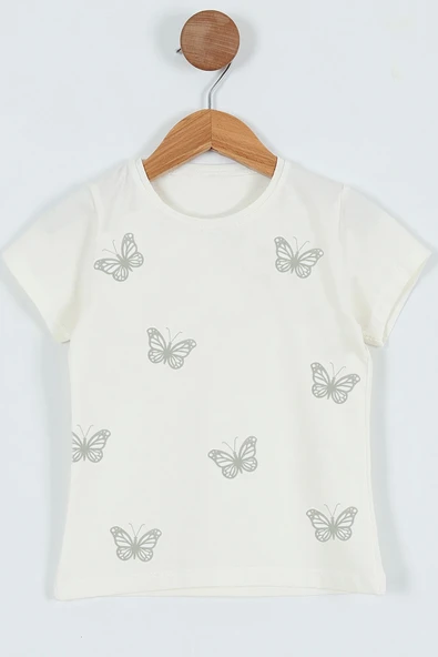 KIZ ÇOCUK TSHİRT KELEBEK BASKILI BİSİKLET YAKA D31 ürün görseli