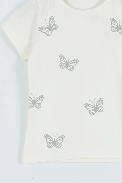 KIZ ÇOCUK TSHİRT KELEBEK BASKILI BİSİKLET YAKA D31 - Resim 3