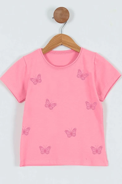 KIZ ÇOCUK TSHİRT KELEBEK BASKILI BİSİKLET YAKA D31 - Resim 4