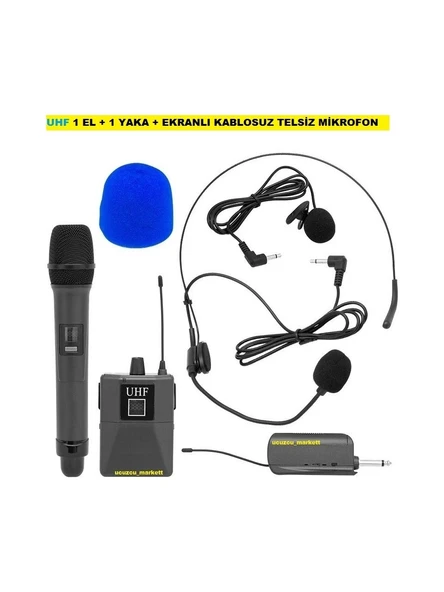 Profesyonel Uhf 1 El + 1 Yaka + Ekranlı Kablosuz Telsiz Mikrofon