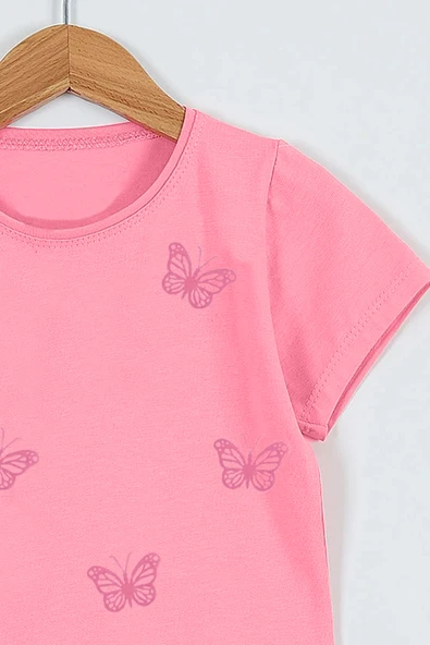 KIZ ÇOCUK TSHİRT KELEBEK BASKILI BİSİKLET YAKA D31 - Resim 5