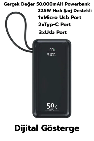 50.000mAh 22.5W Siyah LCD 1xMicro 2xTyp-C 3xUsb Port Taşınabilir Şarj Cihazı Powerbank Hp-255