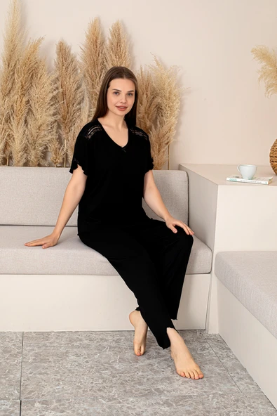 “Bambu Kumaş Büyük Beden Kadın Dantelli Kısa Kollu Pijama Takımı – Yumuşak, Nefes Alabilir, Şık ve Rahat, M-5XL” - 5