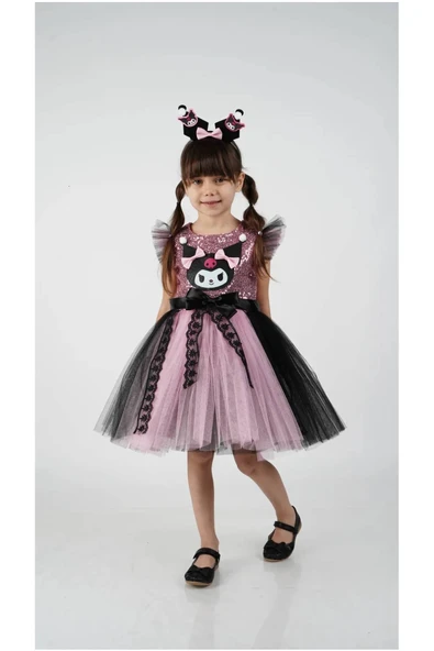 Kuromi Taç Aksesuarlı Pullu Baskılı  Parti Doğum Günü Kız Elbise 3/10 Yaş