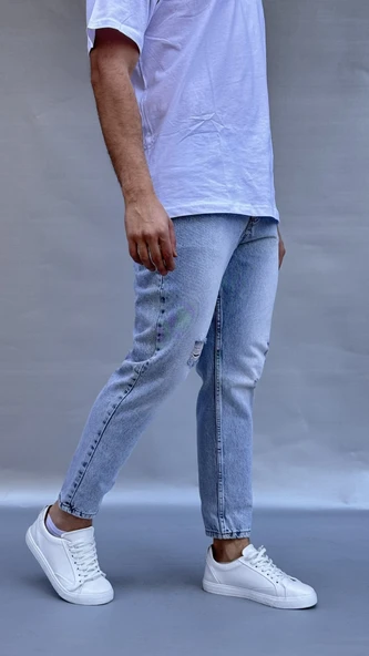 Yırtık Detay Buz Mavi Boyfriend Pantolon