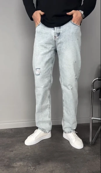 Yırtık Detay Buz Mavi Baggy Pantolon - 2