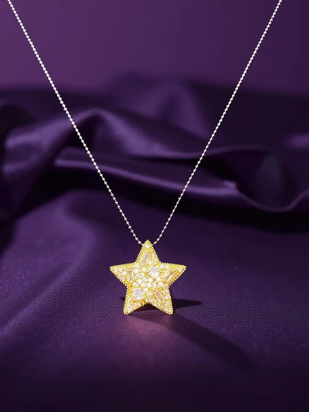Zarif Yıldız Tasarımlı Taş Detaylı Altın Renk 316L Çelik Kolye - Işıltılı ve Modern Tasarım ürün görseli 1