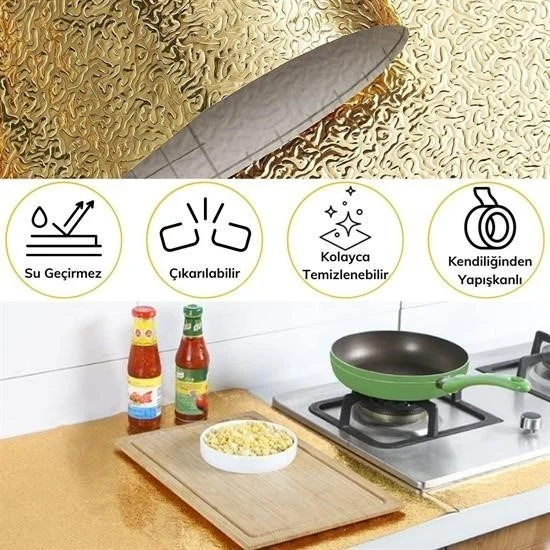 BUFFER® 10 Metre Kendinden Yapışkanlı Silinebilir Mutfak Tezgah Üstü Sticker Folyo Gold Renk - 5