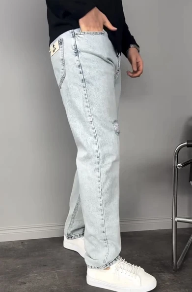 Yırtık Detay Buz Mavi Baggy Pantolon - 3