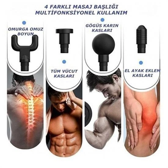 BUFFER® 4 Başlıklı 6 Seviye Hız Ayarlı Vurmalı Kas Yoğurmalı Titreşimli Masaj Tabancası Aleti - 3