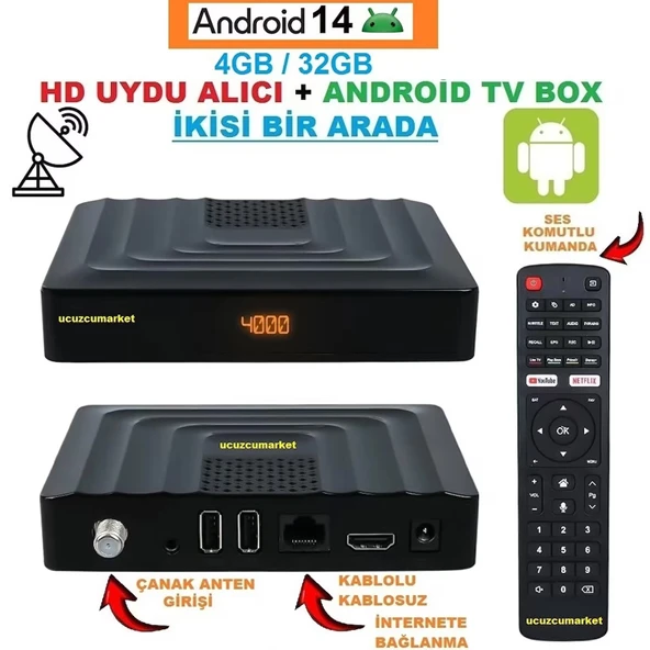 ANDROİD 14 4GB/32GB TV BOX + HD UYDU ALICI (İKİSİ BİR ARADA SÜPER ÜRÜN)