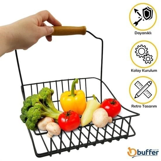 BUFFER® Retro Ferforje Askılı Siyah  Ahşap Kulplu Düzenleyici Mutfak Sepeti - 3