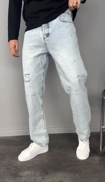 Yırtık Detay Buz Mavi Baggy Pantolon