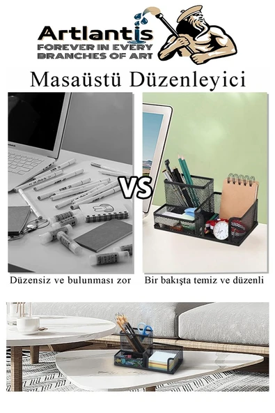 Masaüstü Evrak Rafı ve Metal Kalemlik Seti 3 lü Kombo 1 Paket Fileli Perfore Siyah Kalemlik Ataşlık Notluk Düzenleyici - 7