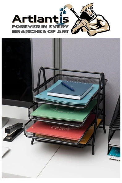 Masaüstü Evrak Rafı ve Metal Kalemlik Seti 3 lü Kombo 1 Paket Fileli Perfore Siyah Kalemlik Ataşlık Notluk Düzenleyici - 5