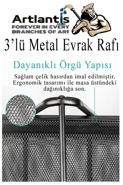 Masaüstü Evrak Rafı ve Metal Kalemlik Seti 3 lü Kombo 1 Paket Fileli Perfore Siyah Kalemlik Ataşlık Notluk Düzenleyici - 3