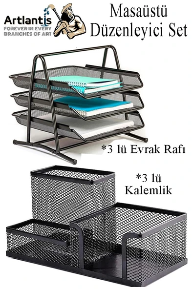 Masaüstü Evrak Rafı ve Metal Kalemlik Seti 3 lü Kombo 1 Paket Fileli Perfore Siyah Kalemlik Ataşlık Notluk Düzenleyici