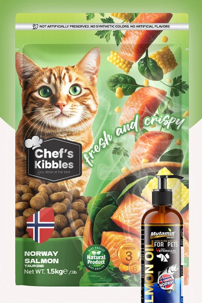 Chefs Kibbles Norveç Somonlu Yetişkin Kedi Maması 10KG+Mutamin Organics Somon Yağı 150ML