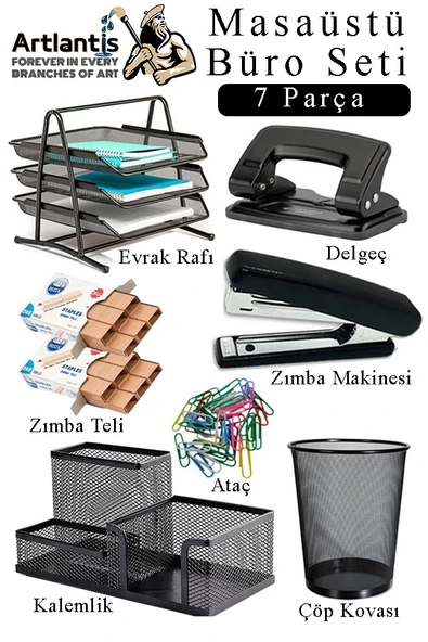 Masaüstü Büro Seti 7 Parça Siyah Metal Evrak Rafı Kalemlik 3 lü Zımba Makinesi Delegeç Ataşlık Notluk Düzenleyici