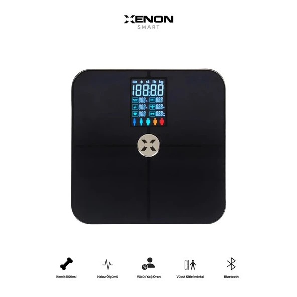 XENON Smart X8702 Su Kas Vücut Kitle Endeksi Kilo Ölçer Tartı Bluetooth Bağlantılı,Nabız Ölçümlü