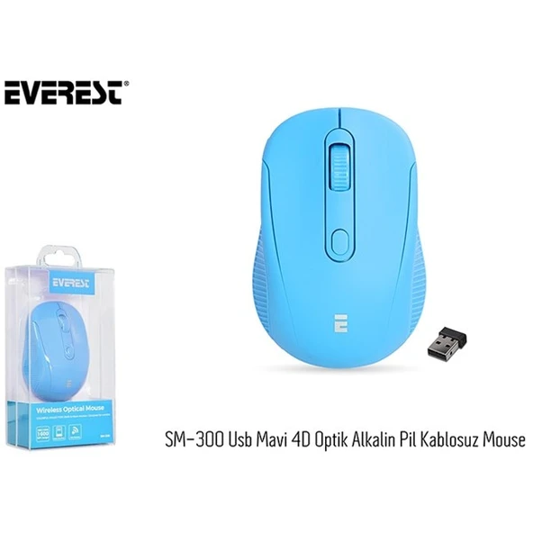 EVEREST SM-300 Usb Mavi 4D Optik Alkalin Pil Kablosuz Mouse - 1